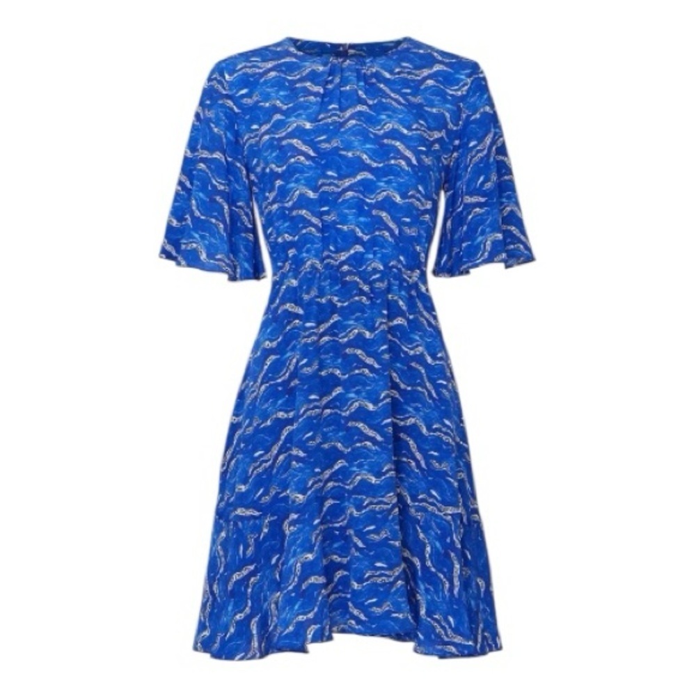 Tara Jarmon Raisin Mini Dress Flutter Elbow Sleeve Royal Blue 100% Silk Crepe 10
